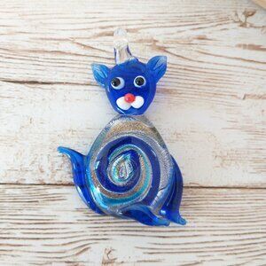 Murano Foil Glass Cat Pendant Blue Glass Art 2” Kitty Ornament Charm Sun Catcher